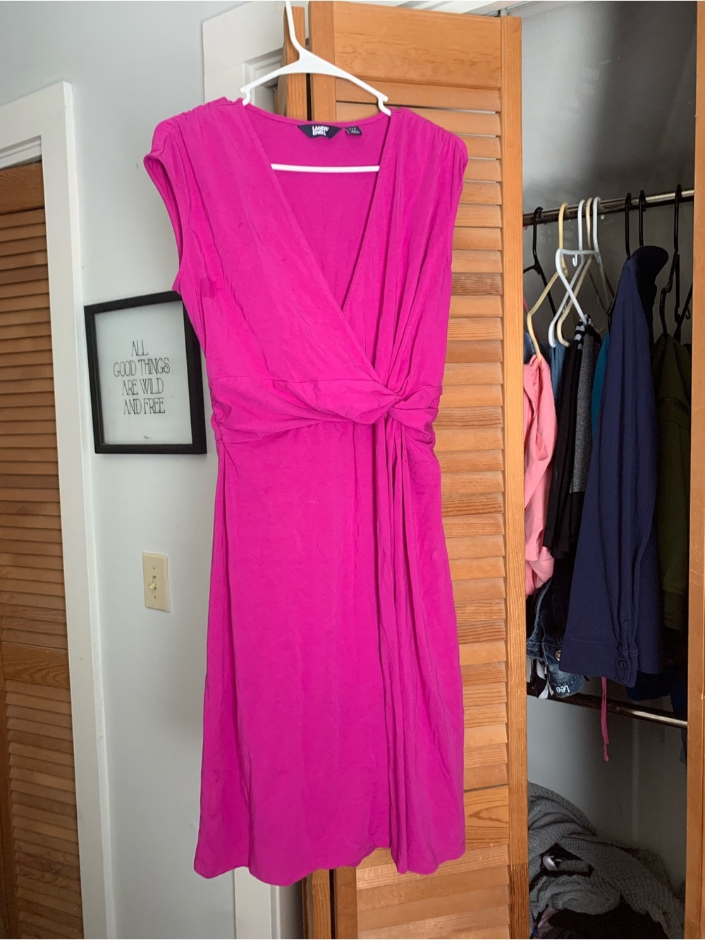 Lands End Women’s Fuchsia Twist-Front ruched side Dress,below kness sz Small
